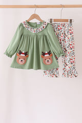 Sage Reindeer Applique Floral Ruffle Pants Set