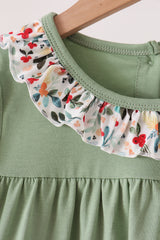 Sage Reindeer Applique Floral Ruffle Pants Set