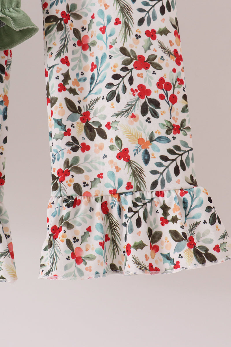 Sage Reindeer Applique Floral Ruffle Pants Set