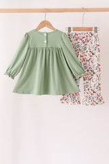 Sage Reindeer Applique Floral Ruffle Pants Set