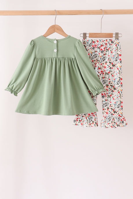 Sage Reindeer Applique Floral Ruffle Pants Set