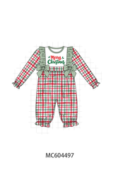 Green merry christmas embroidery plaid ruffle romper