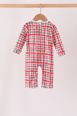Green merry christmas embroidery plaid romper