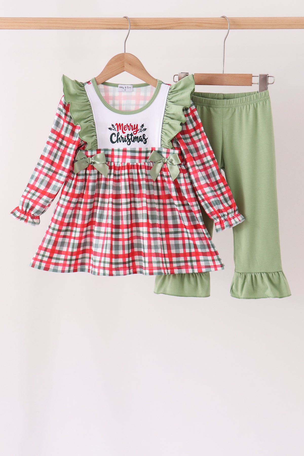 Green merry christmas embroidery plaid ruffle pants set