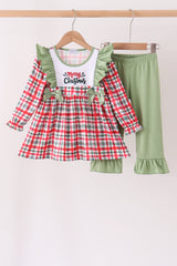 Green merry christmas embroidery plaid ruffle pants set