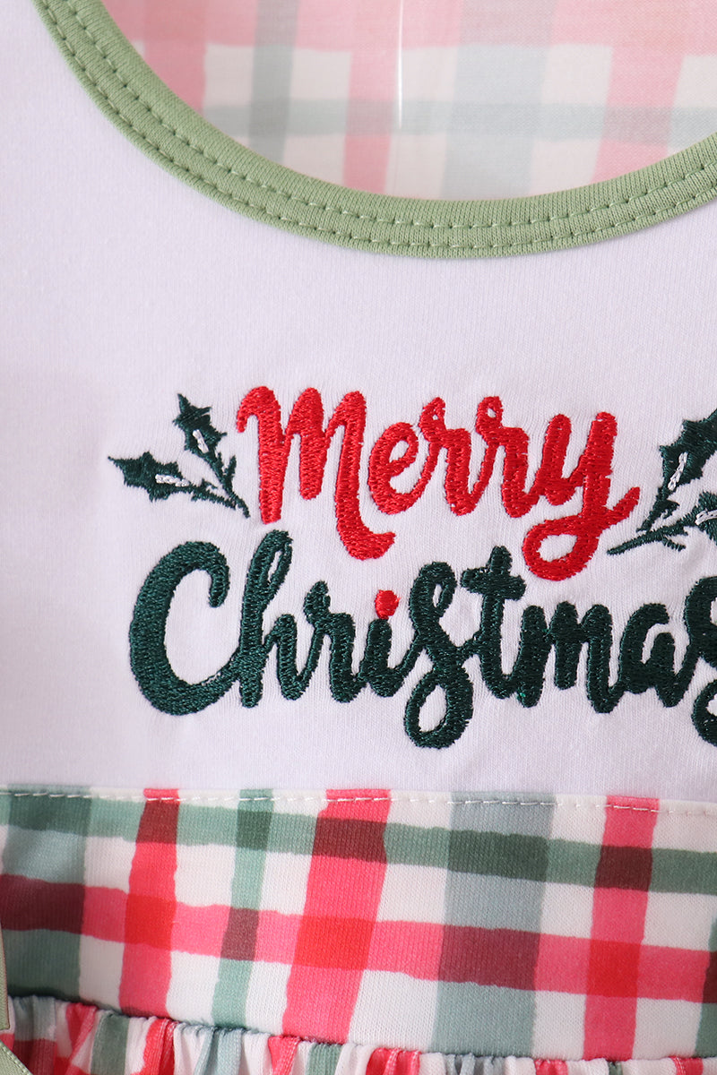 Green merry christmas embroidery plaid ruffle pants set