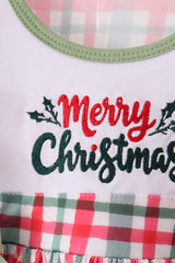 Green merry christmas embroidery plaid ruffle pants set