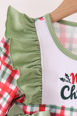 Green merry christmas embroidery plaid ruffle pants set
