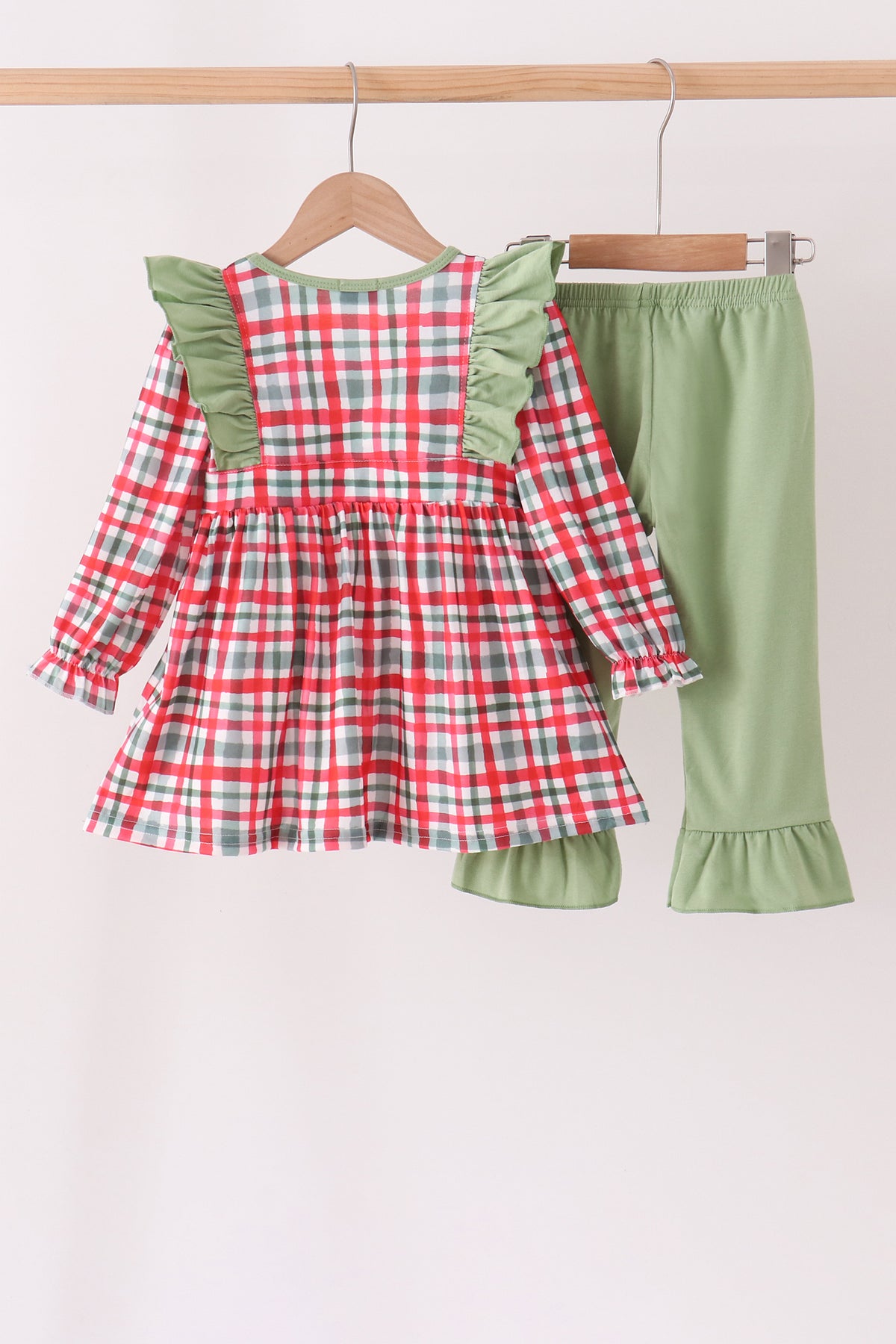 Green merry christmas embroidery plaid ruffle pants set