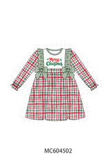 Green merry christmas embroidery plaid ruffle dress