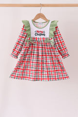 Green merry christmas embroidery plaid ruffle dress
