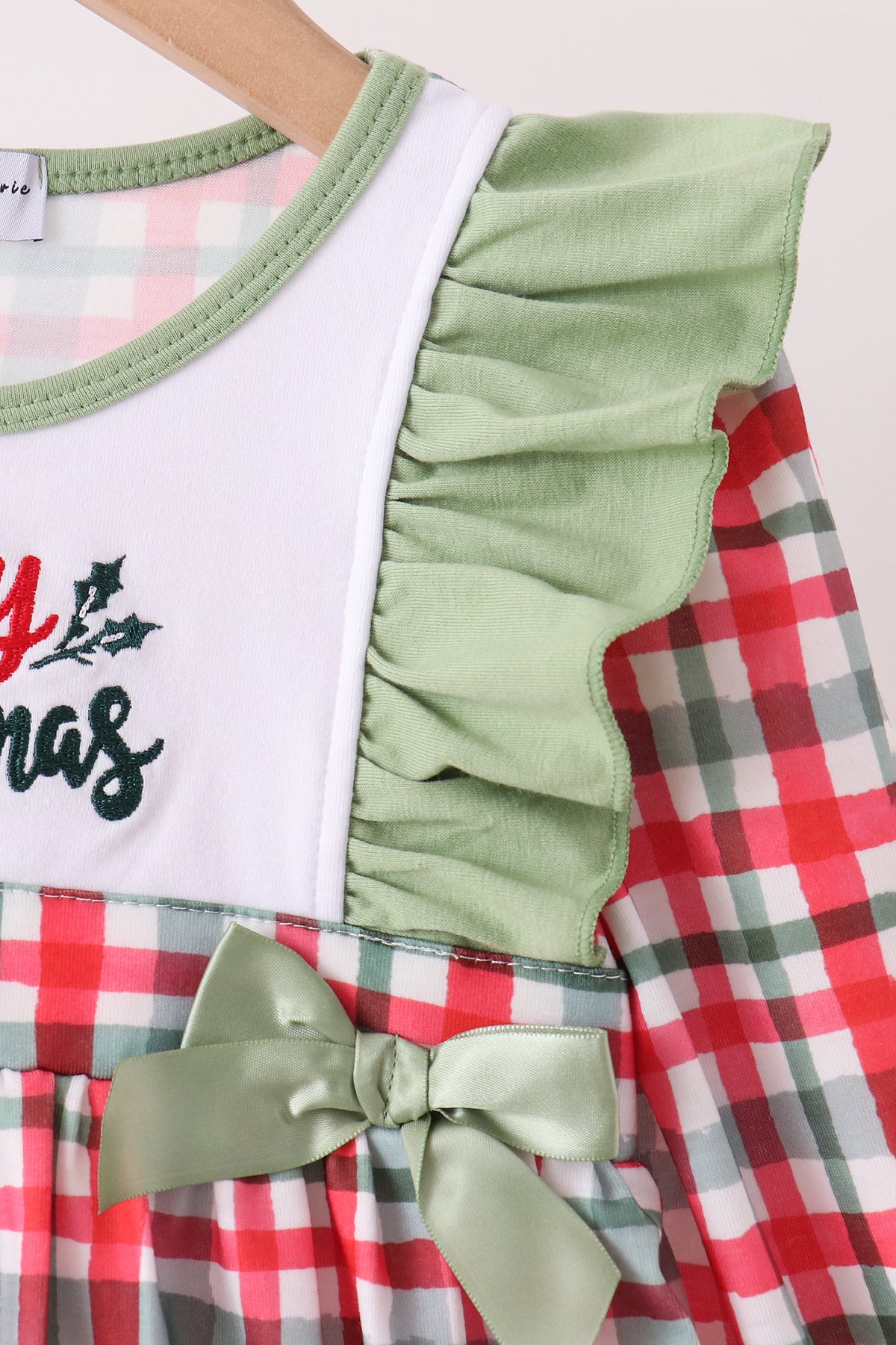 Green merry christmas embroidery plaid ruffle dress