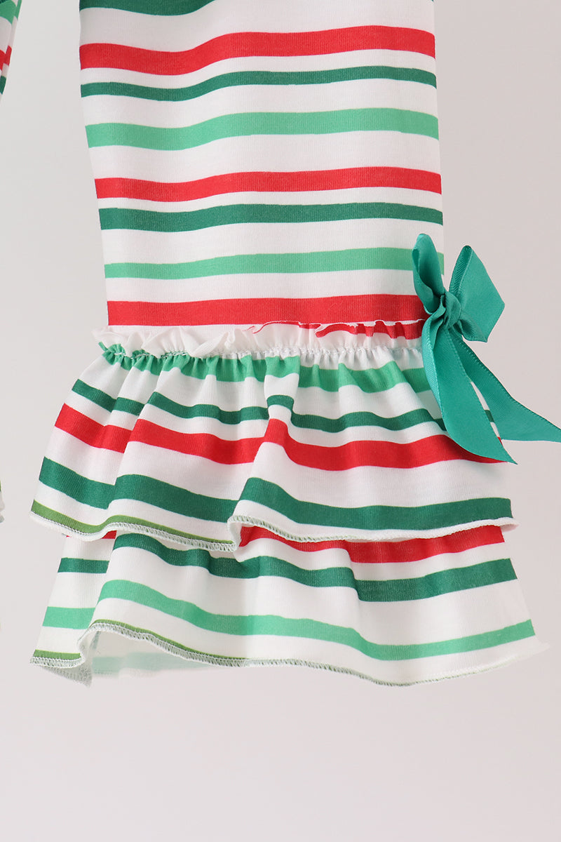 Green christmas tree applique stripe ruffle pants set
