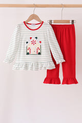 Red gingerbread house applique stripe ruffle pants set