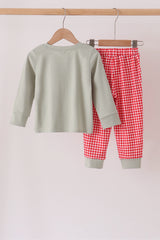 Sage santa applique gingham pants set