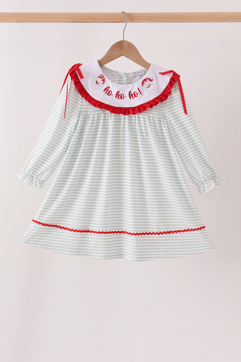 Sage santa applique gingham ruffle stripe dress