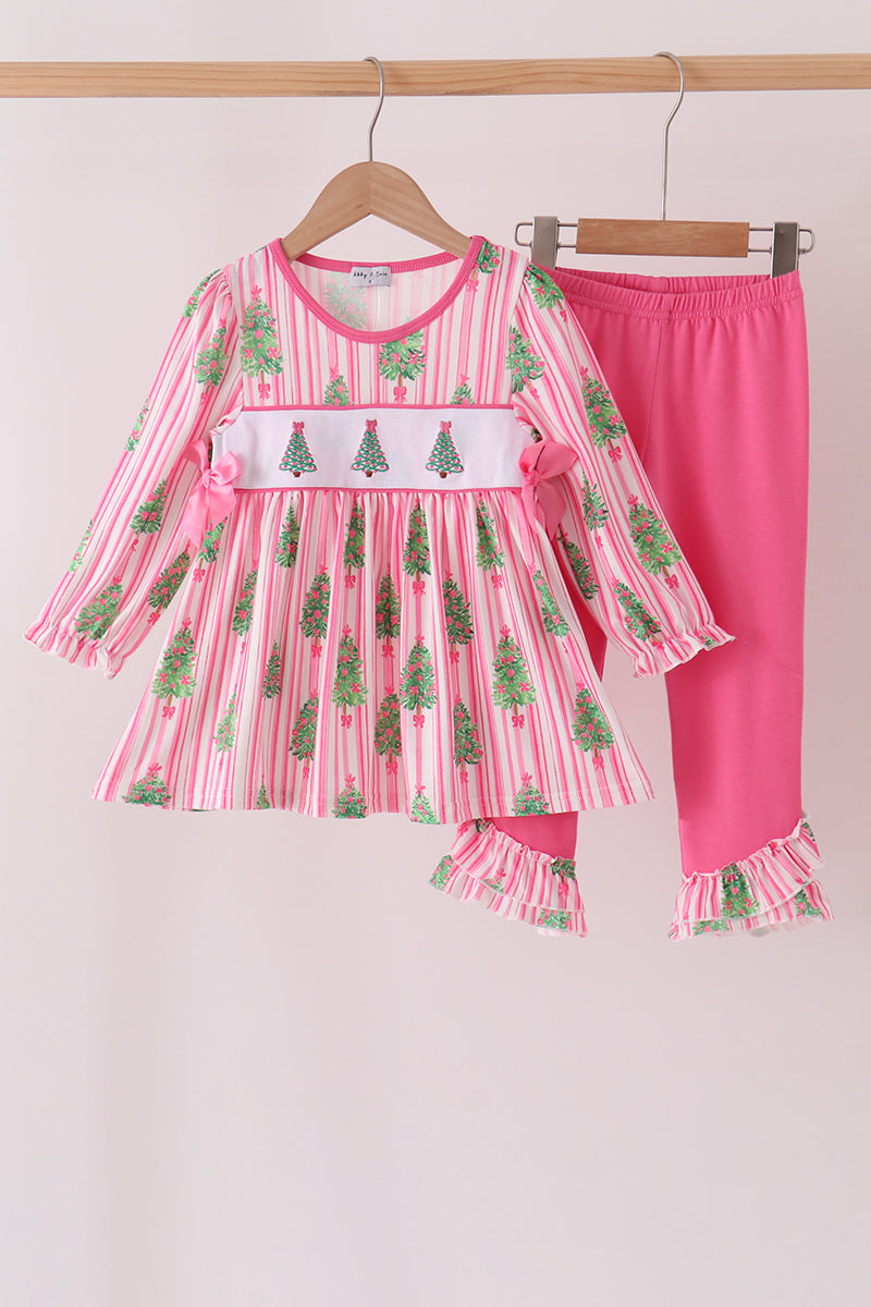 Pink Christmas Tree Embroidery Stripe Pants Set