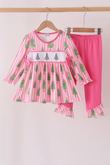 Pink Christmas Tree Embroidery Stripe Pants Set