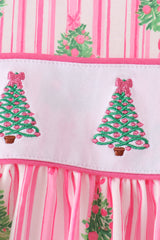 Pink Christmas Tree Embroidery Stripe Pants Set