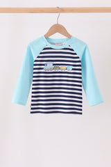 Blue train embroidery stripe top