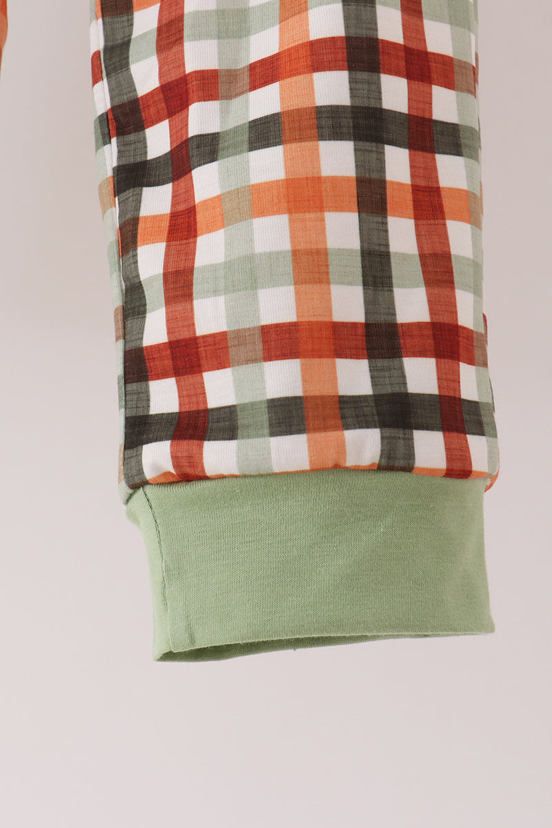Sage deer embroidery plaid pants set