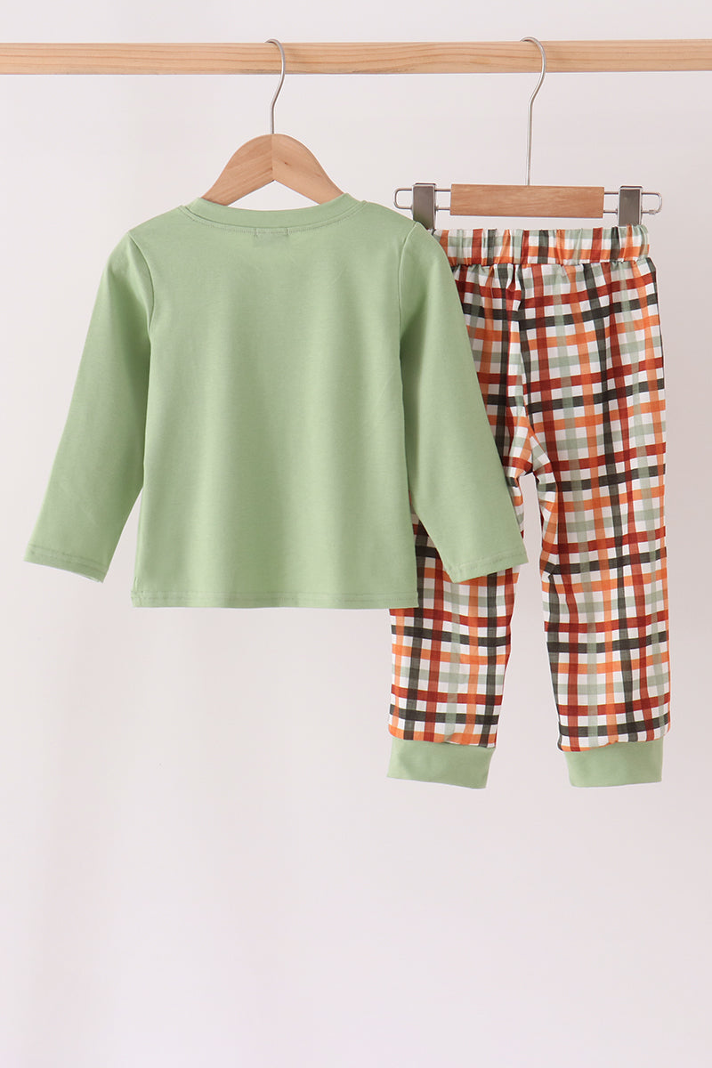 Sage deer embroidery plaid pants set