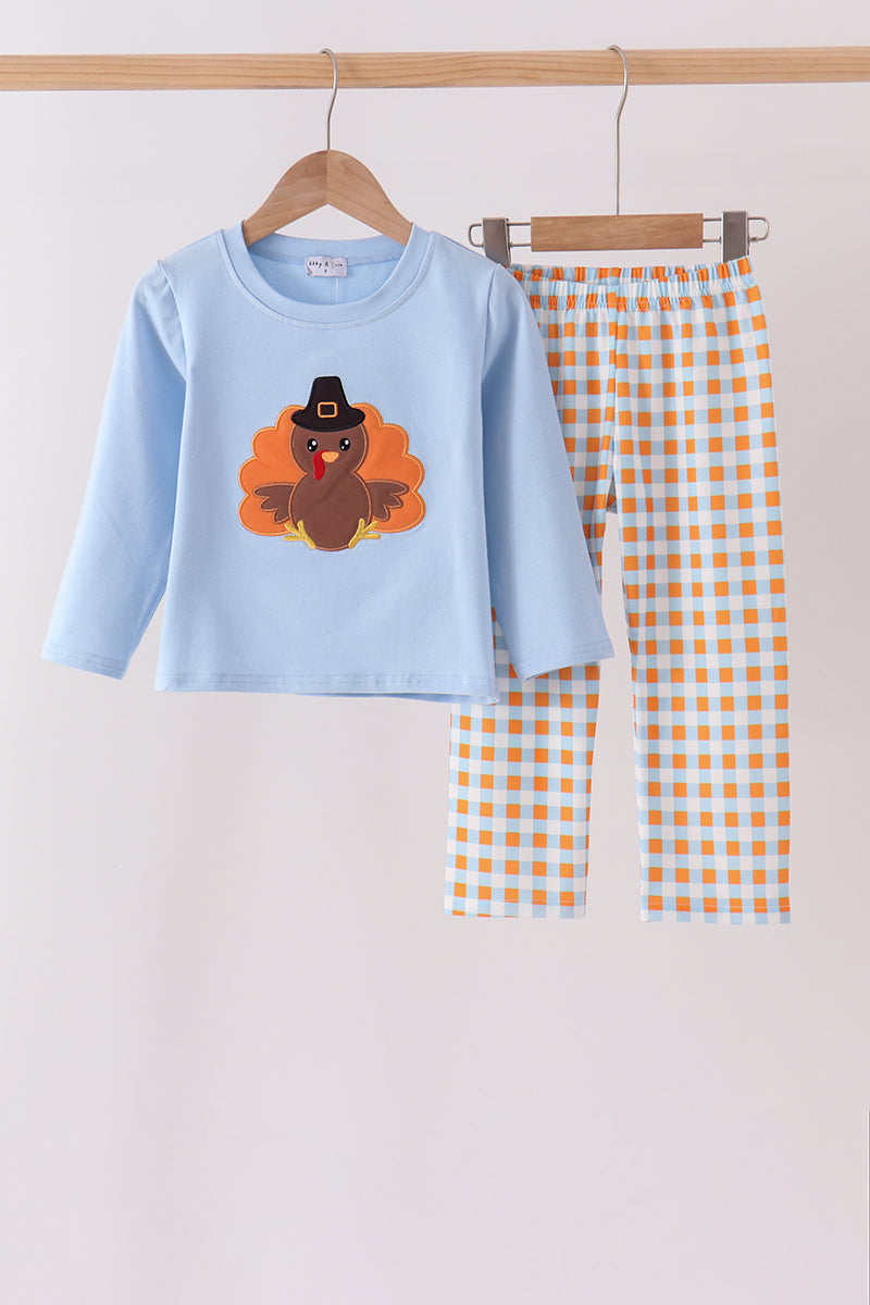 Blue Turkey Applique Gingham Pants Set