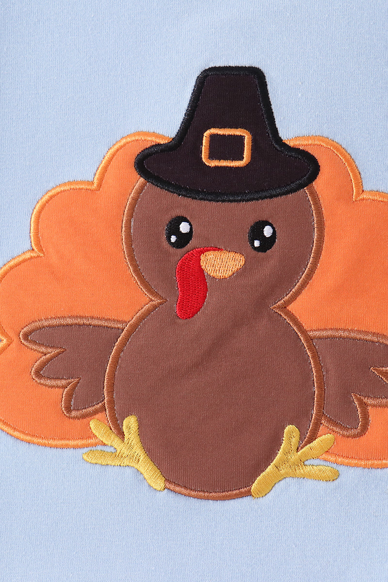 Blue Turkey Applique Gingham Pants Set