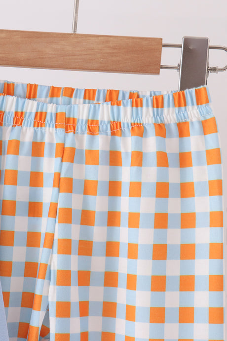 Blue Turkey Applique Gingham Pants Set