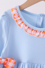 Blue Turkey Applique Gingham Ruffle Pants Set