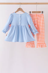 Blue Turkey Applique Gingham Ruffle Pants Set