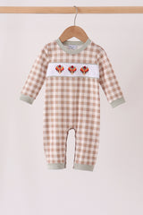 Brown turkey embroidery gingham romper
