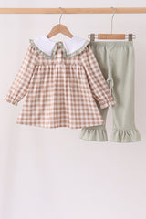 Brown turkey embroidery gingham ruffle pants set