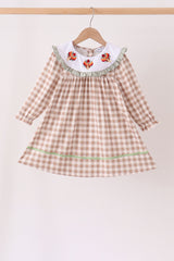 Brown turkey embroidery gingham ruffle dress