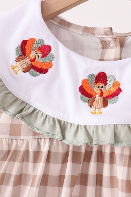 Brown turkey embroidery gingham ruffle dress