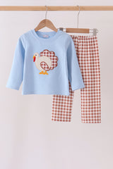 Blue turkey applique gingham pants set