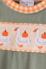 Green goose pumpkin embroidery romper