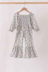 Blue floral smocked jumpsuit