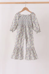 Blue floral smocked jumpsuit
