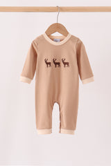 Brown deer embroidery romper