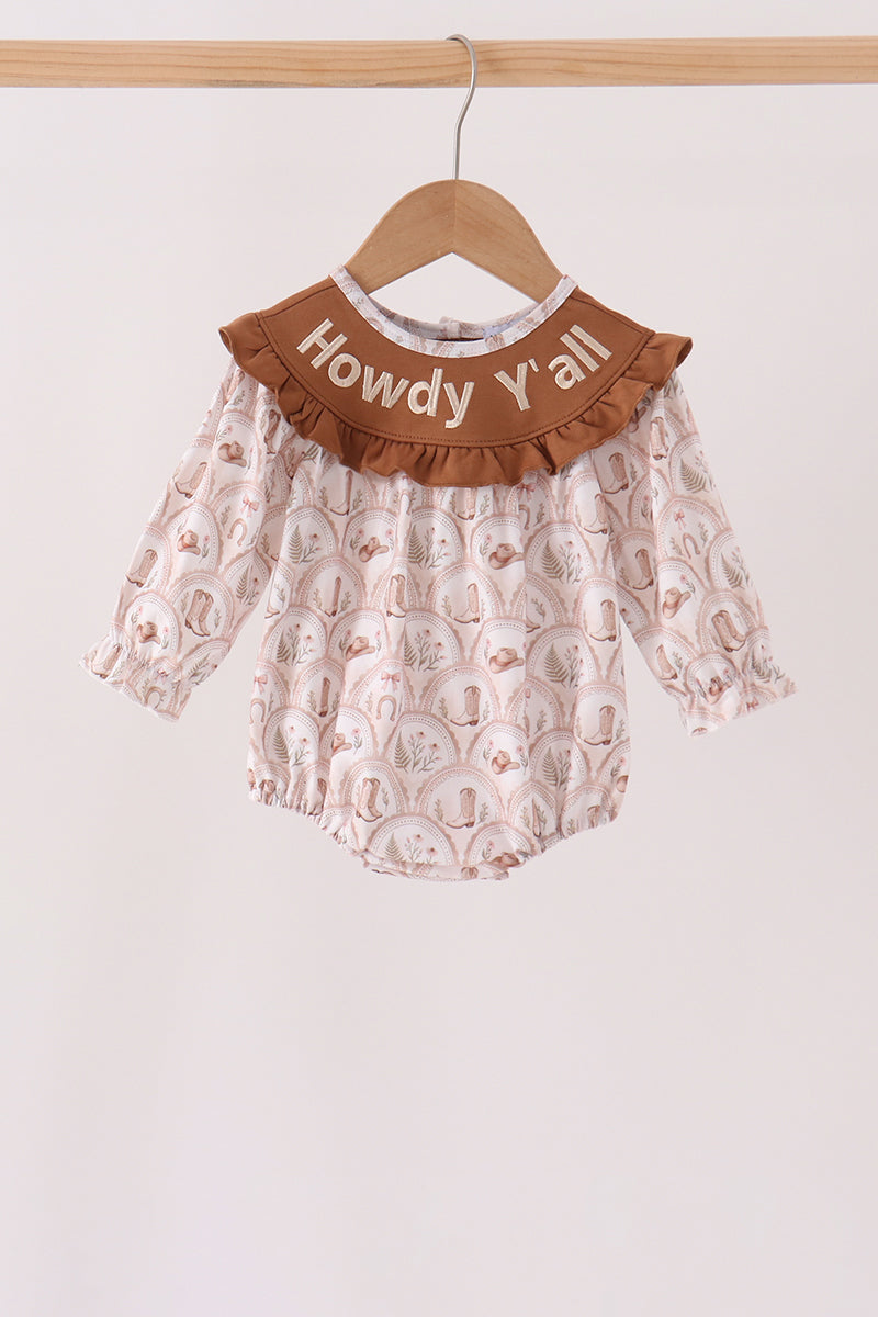 Brown Howdy Y'ALL embroidery ruffle bubble