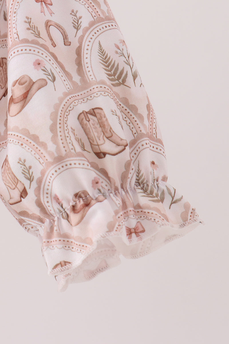 Brown Howdy Y'ALL embroidery ruffle bubble
