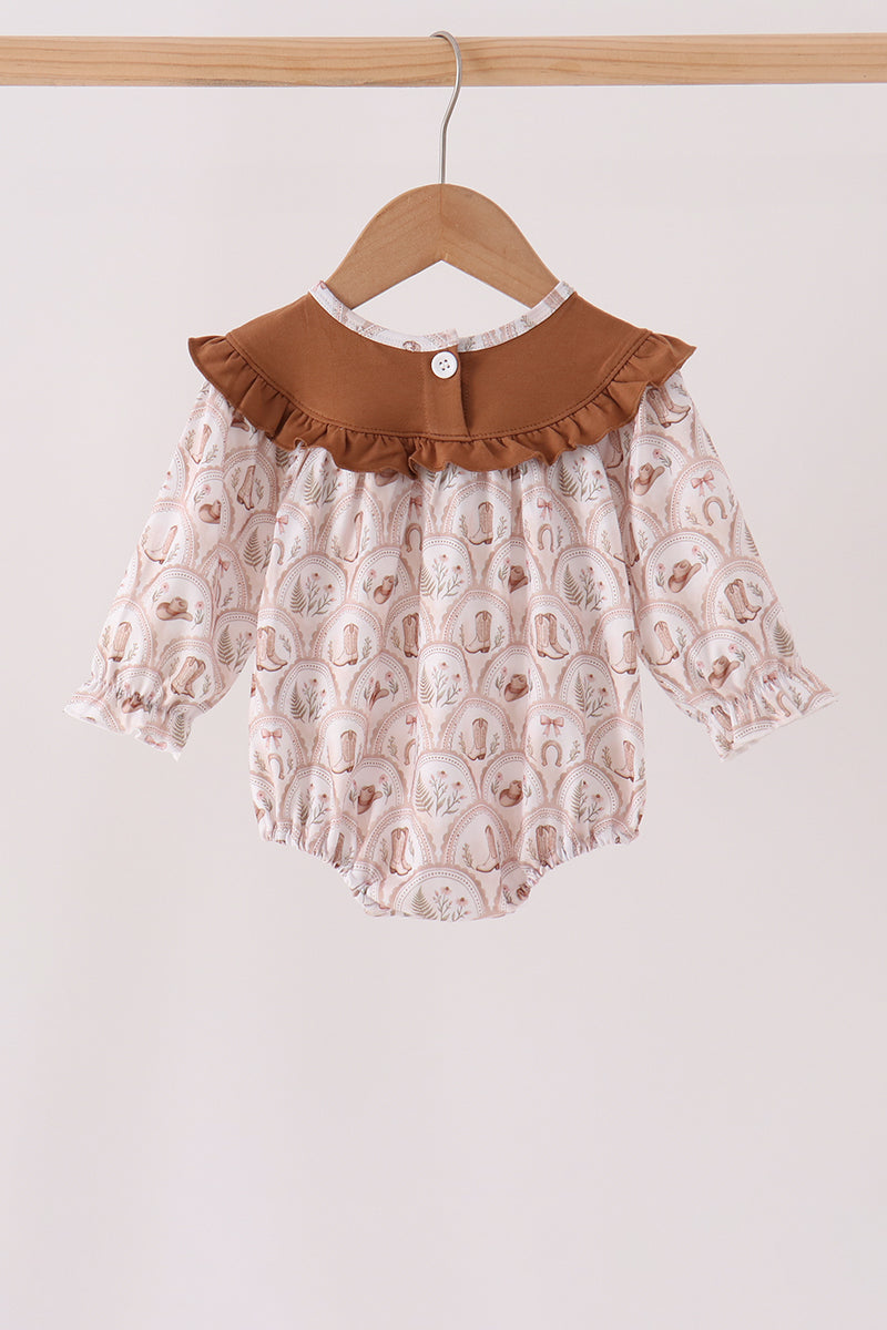 Brown Howdy Y'ALL embroidery ruffle bubble