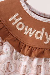 Brown Howdy Y'ALL embroidery ruffle dress
