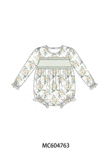 Sage floral smocked ruffle bubble