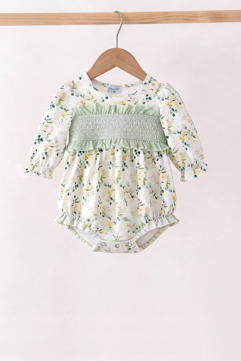 Sage floral smocked ruffle bubble