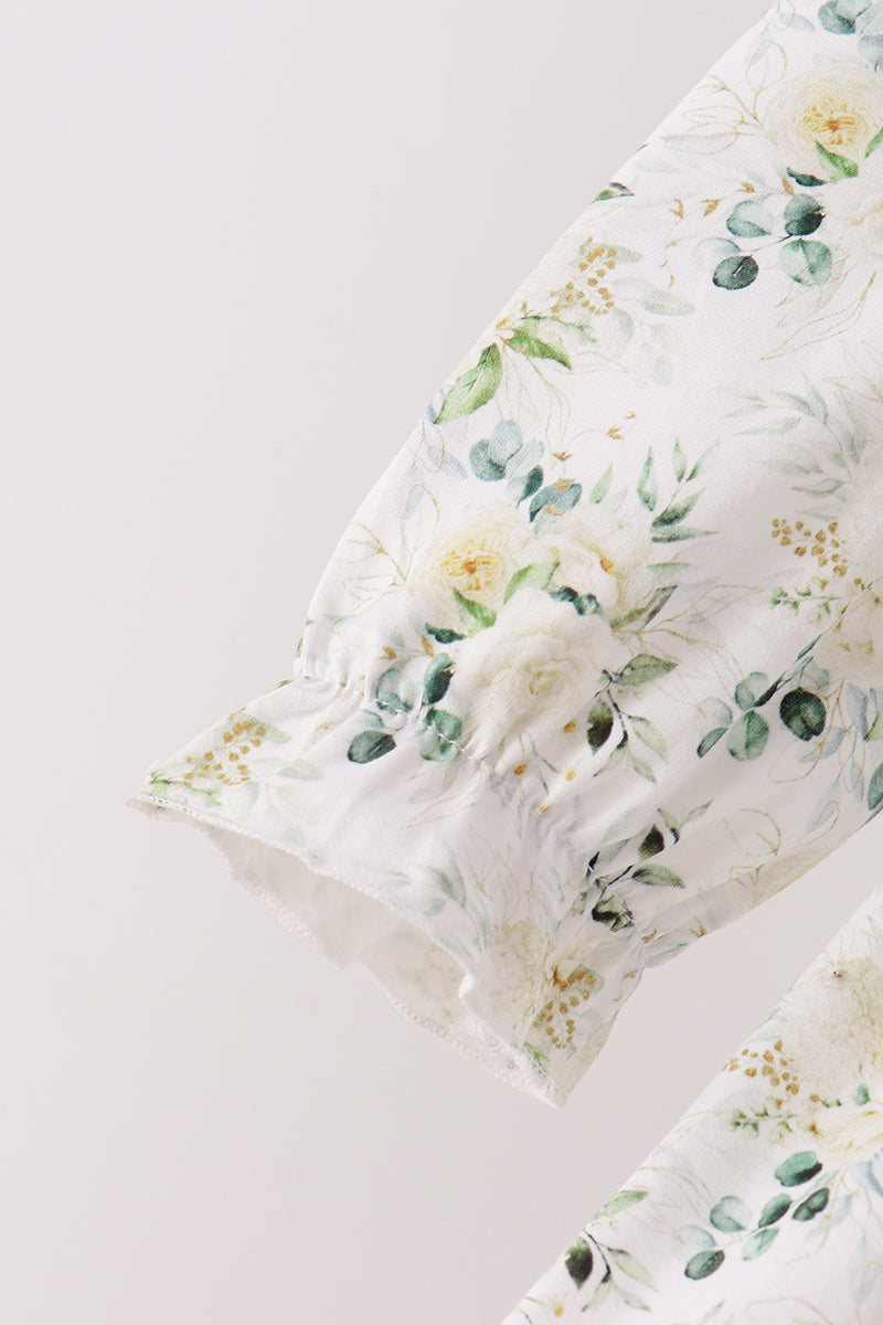 Sage floral smocked ruffle bubble