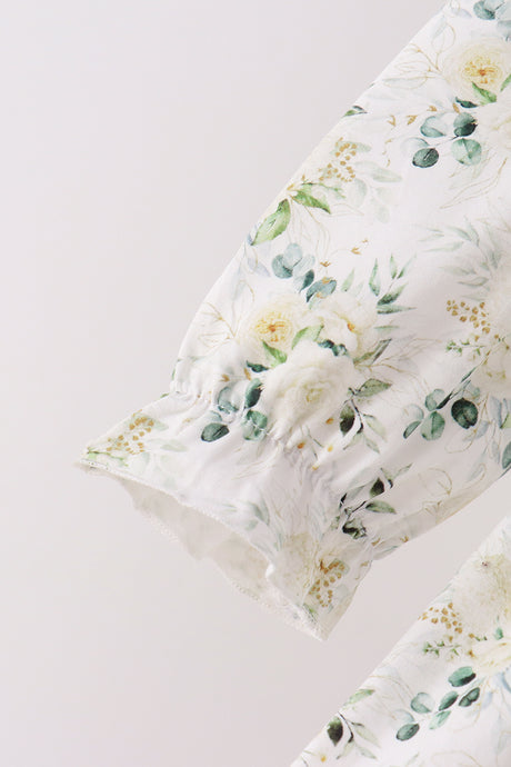 Sage floral smocked ruffle bubble