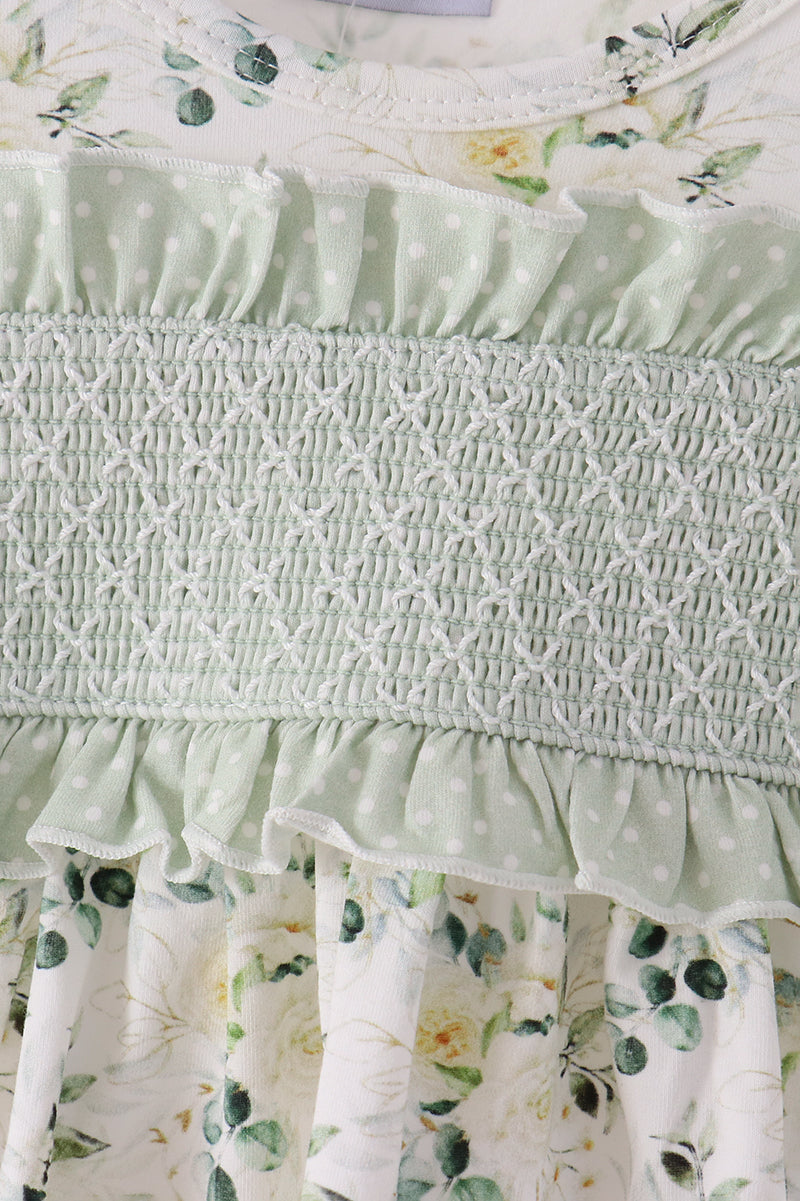 Sage floral smocked ruffle bubble
