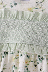 Sage floral smocked ruffle bubble